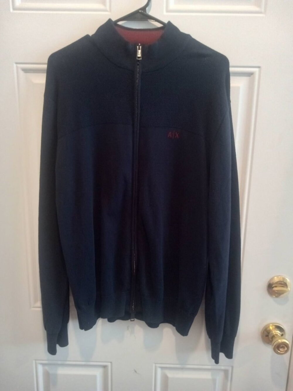 Armani Exchange Navy Zip-Up Sweater with Red Trim